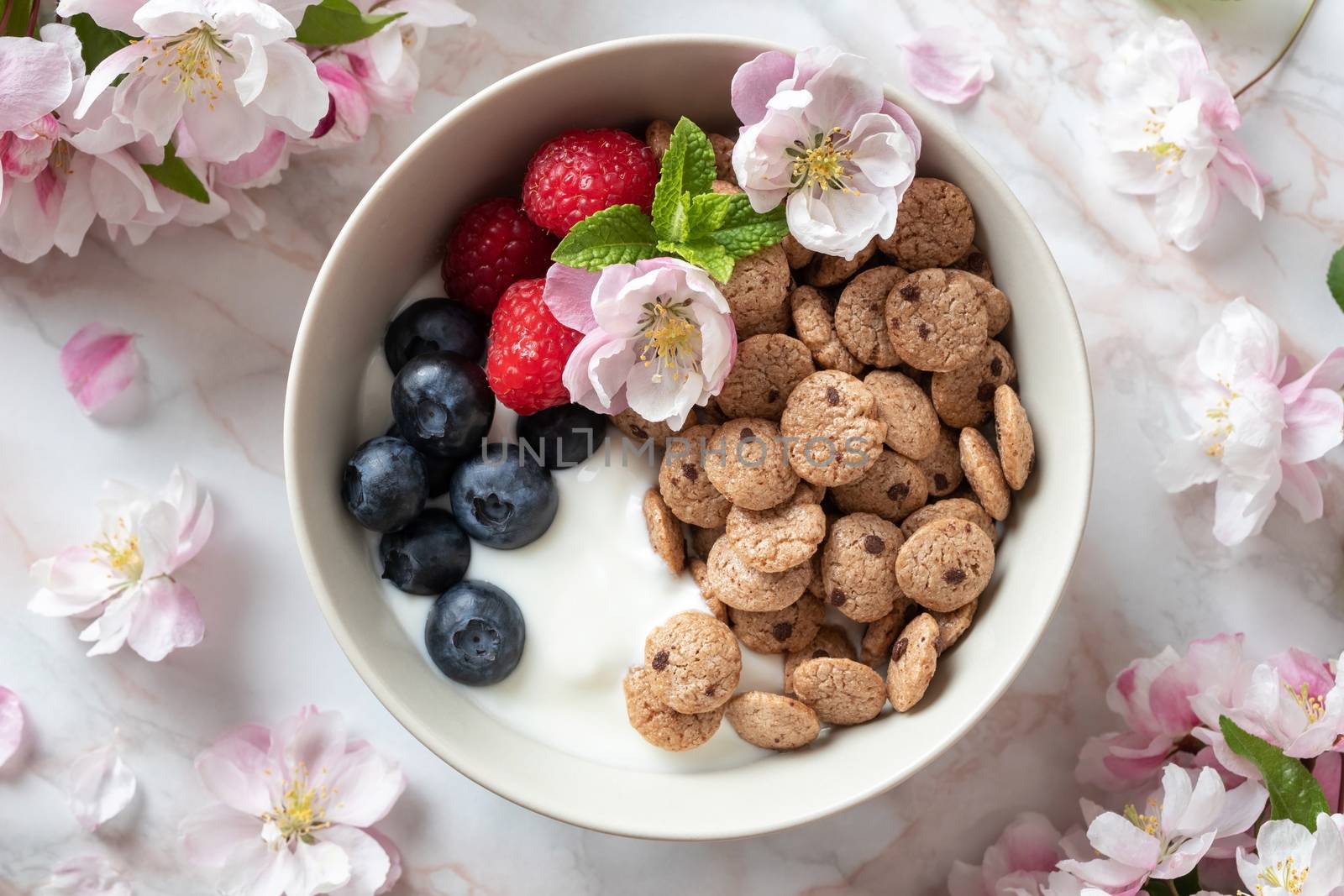 Breakfast cereals with yogurt and spring blossoms by madeleine_steinbach