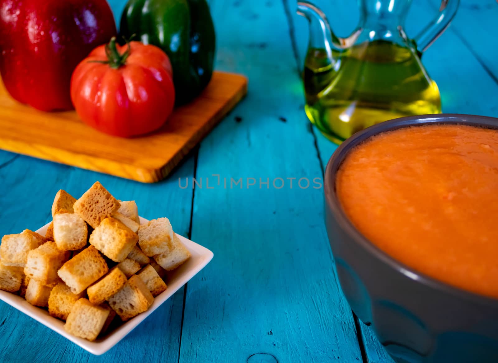 View of gazpacho, a typical Spanish meal with its ingredients in composition