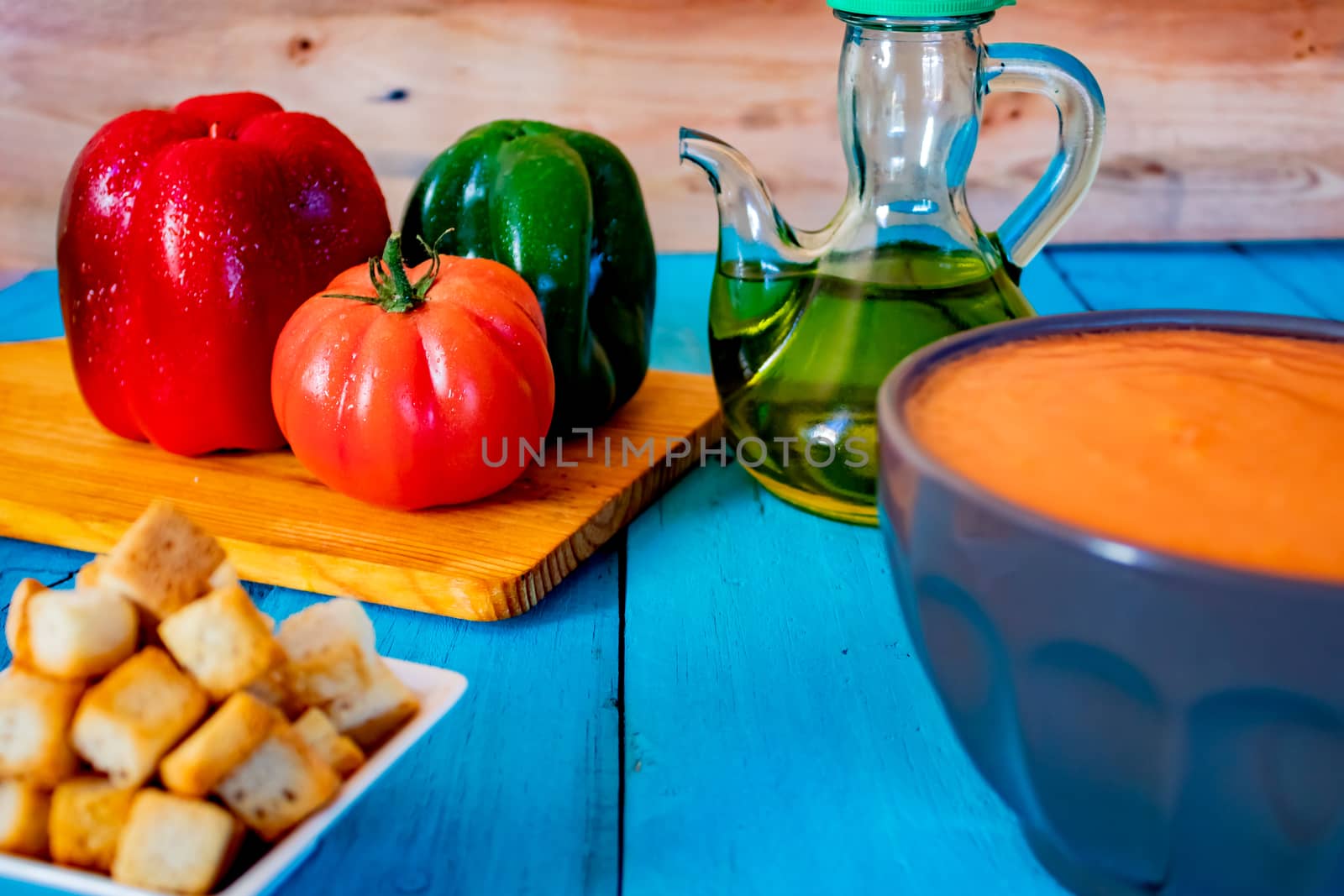 View of gazpacho, a typical Spanish meal with its ingredients in composition