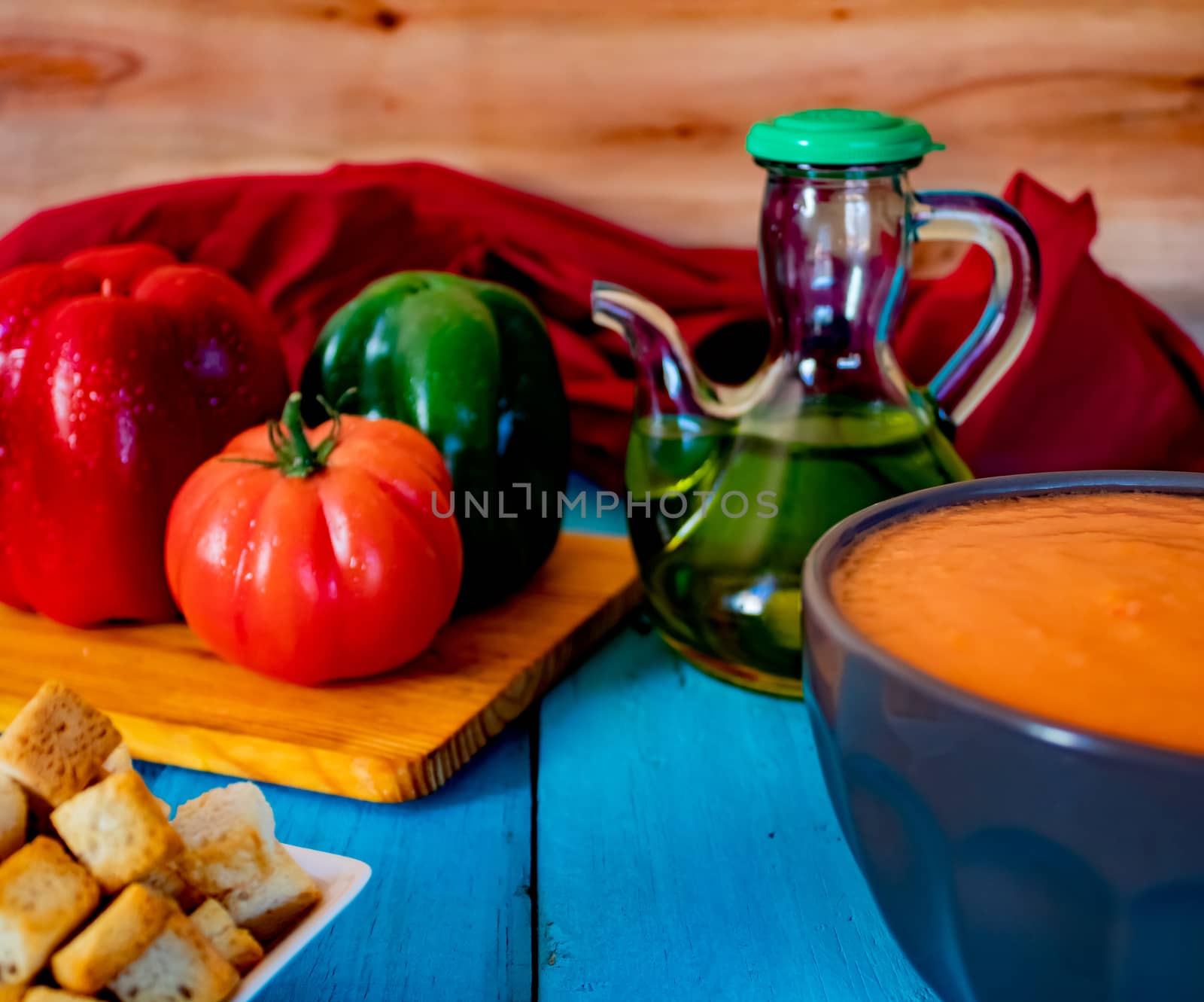 View of gazpacho, a typical Spanish meal with its ingredients in composition