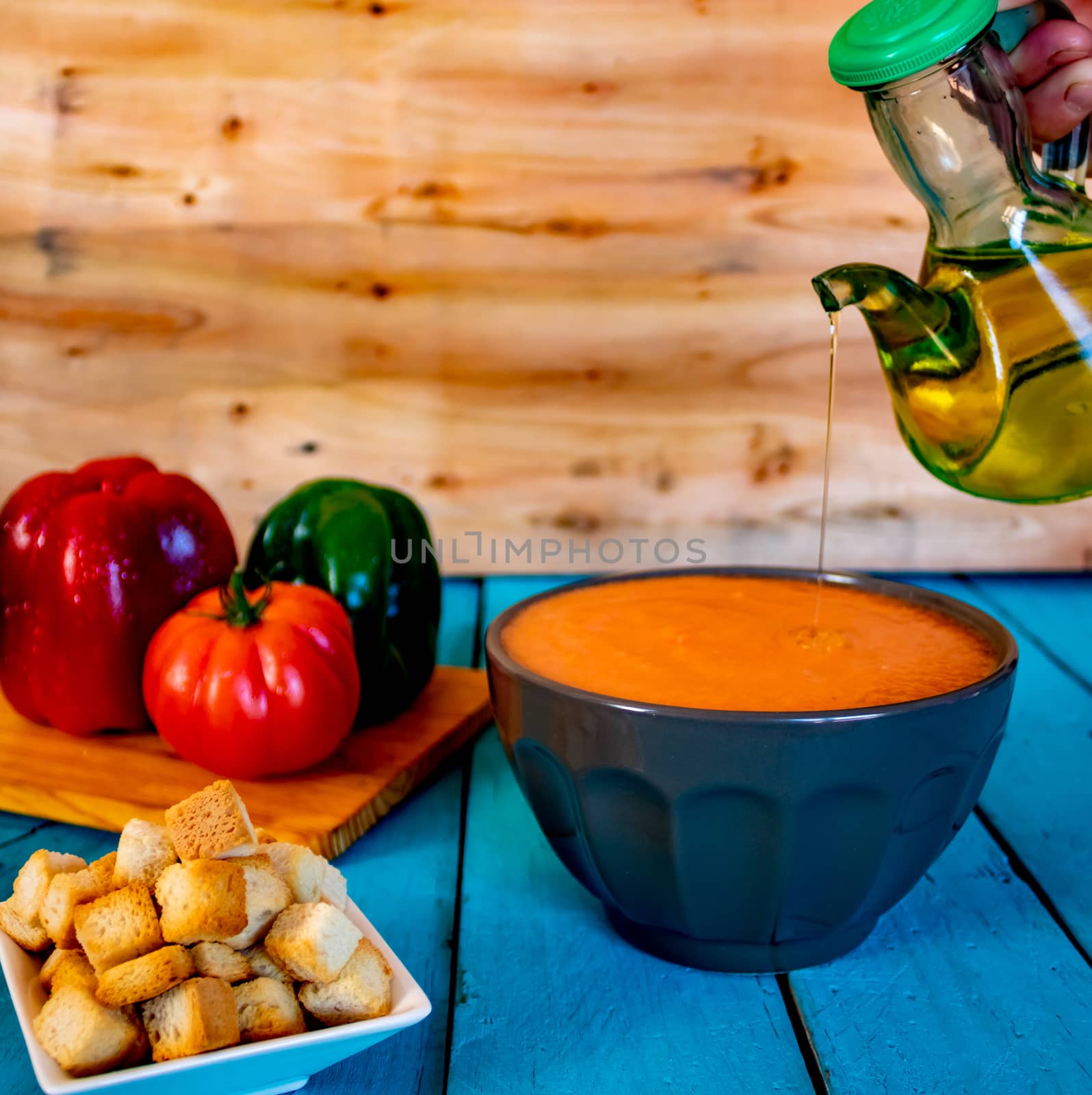 View of gazpacho, a typical Spanish meal with its ingredients in composition