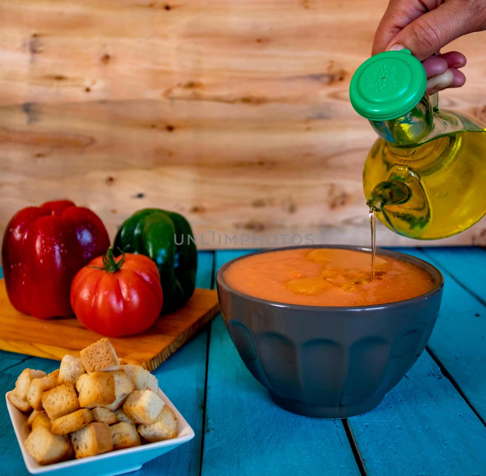 View of gazpacho, a typical Spanish meal with its ingredients in composition