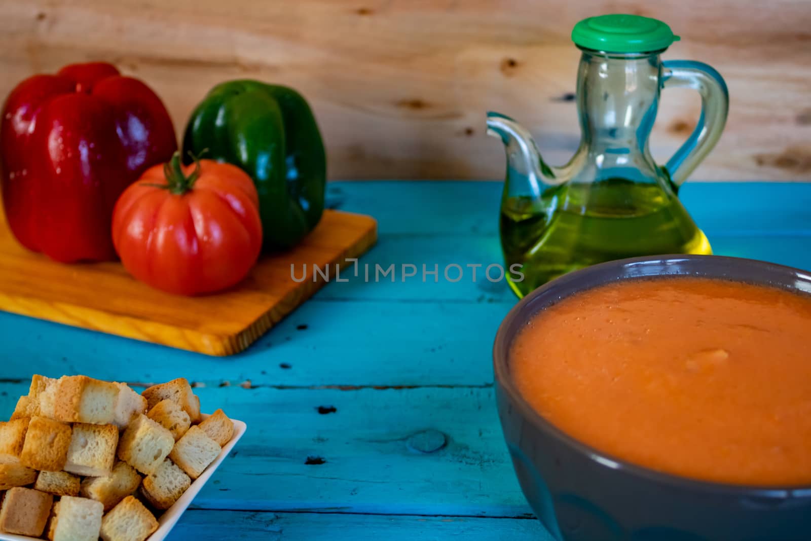 View of gazpacho, a typical Spanish meal with its ingredients in composition