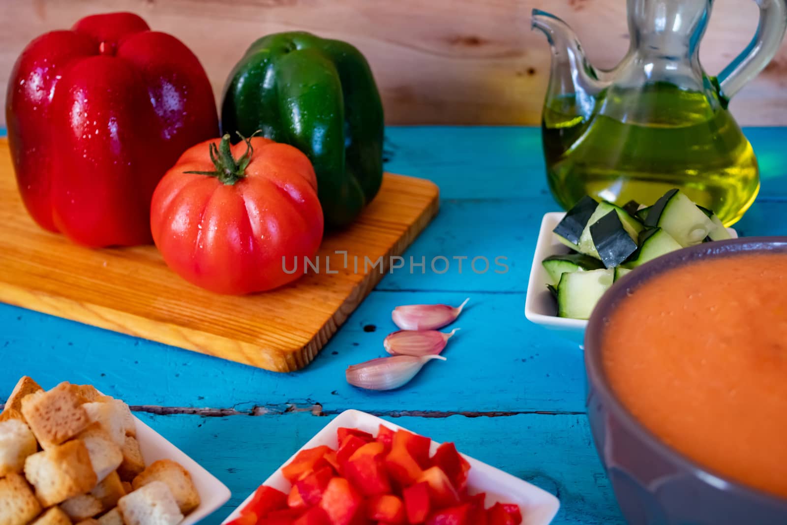 View of gazpacho, a typical Spanish meal with its ingredients in composition