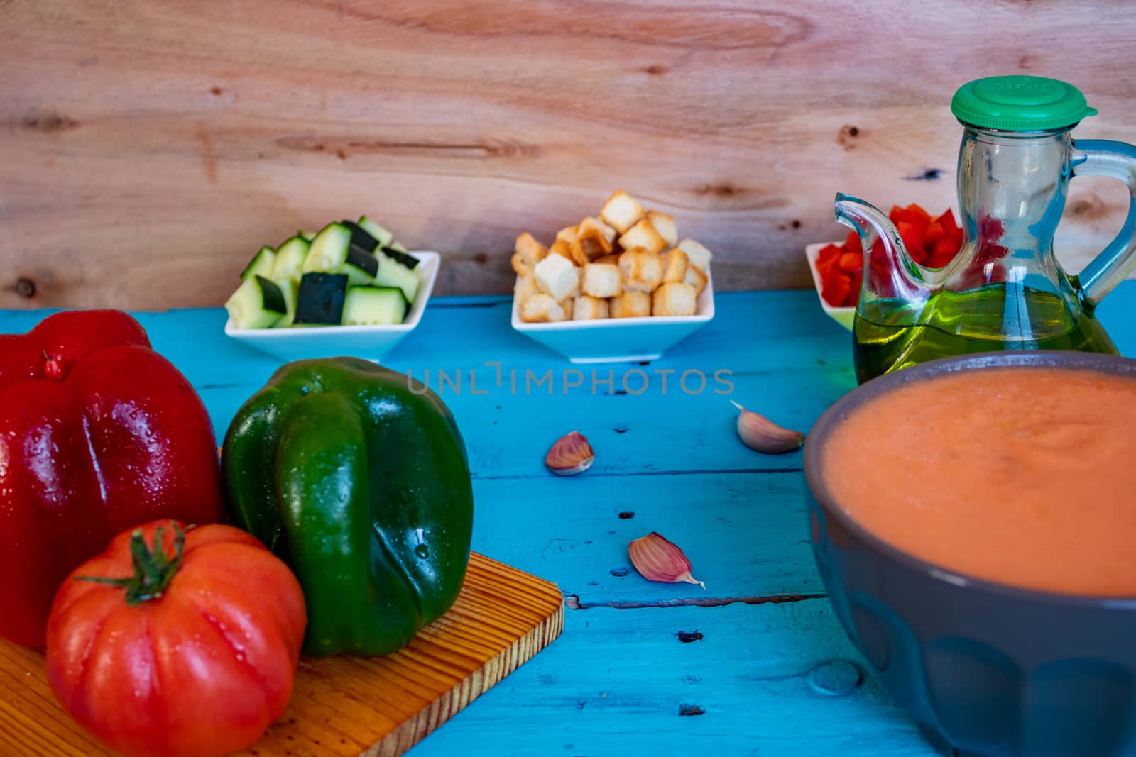 View of gazpacho, a typical Spanish meal with its ingredients in composition