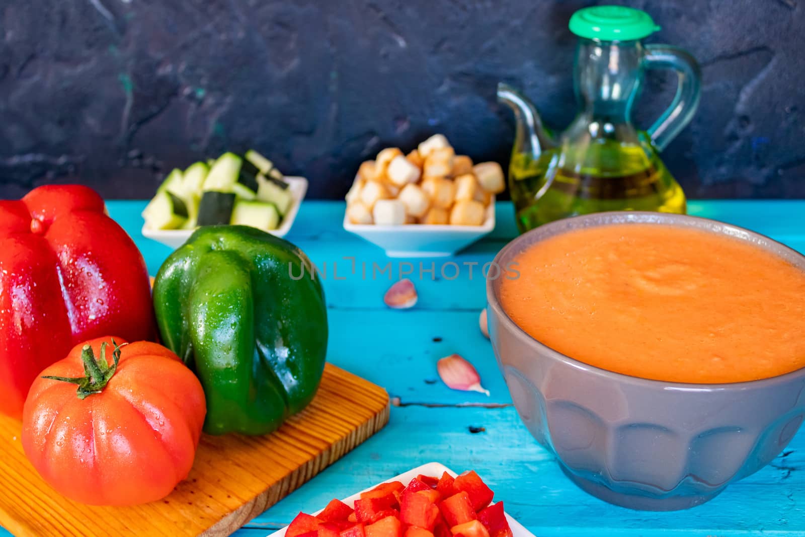 View of gazpacho, a typical Spanish meal with its ingredients in composition