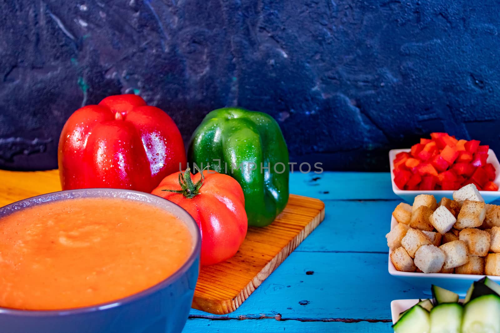 View of gazpacho, a typical Spanish meal with its ingredients in composition