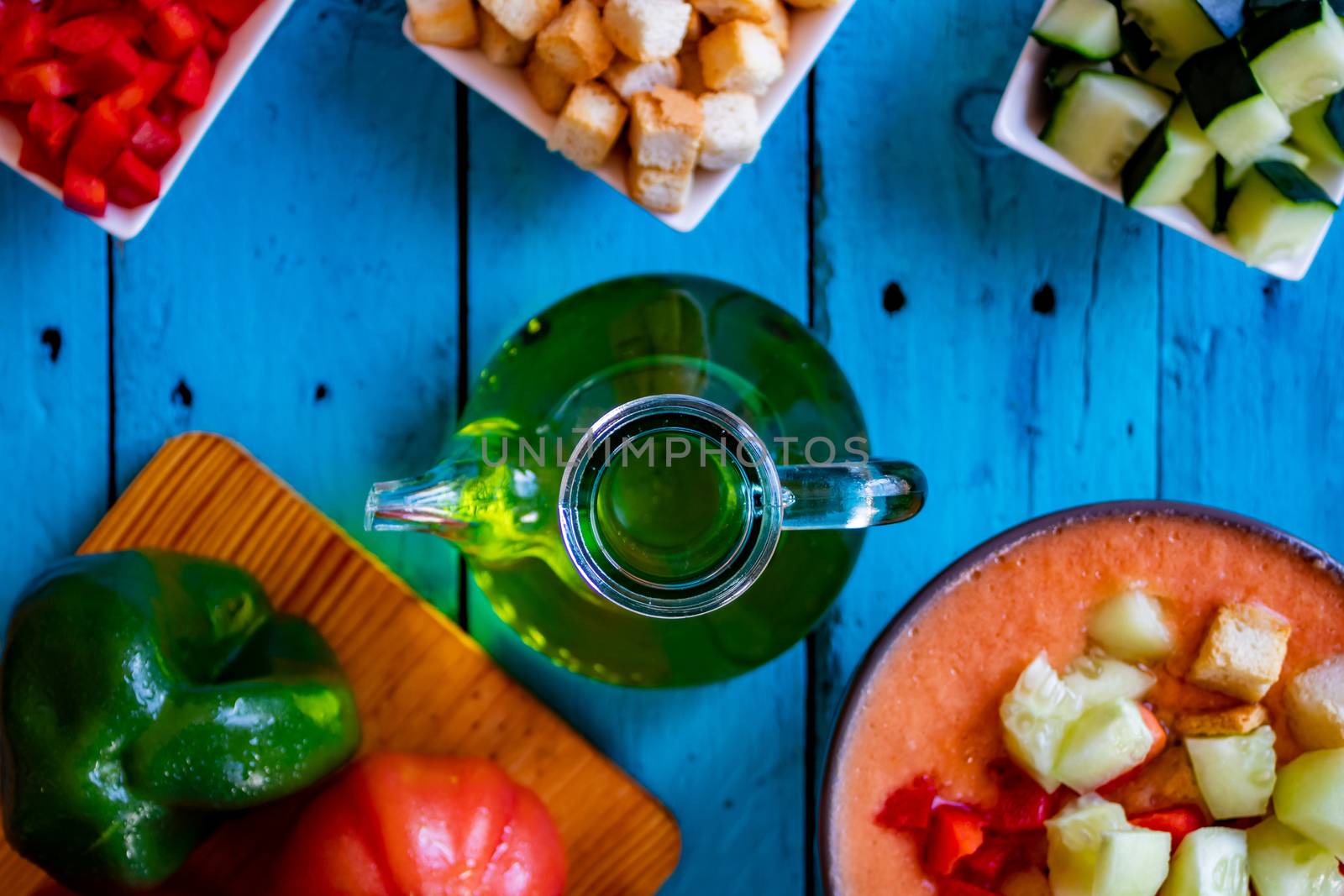 View of gazpacho, a typical Spanish meal with its ingredients in composition