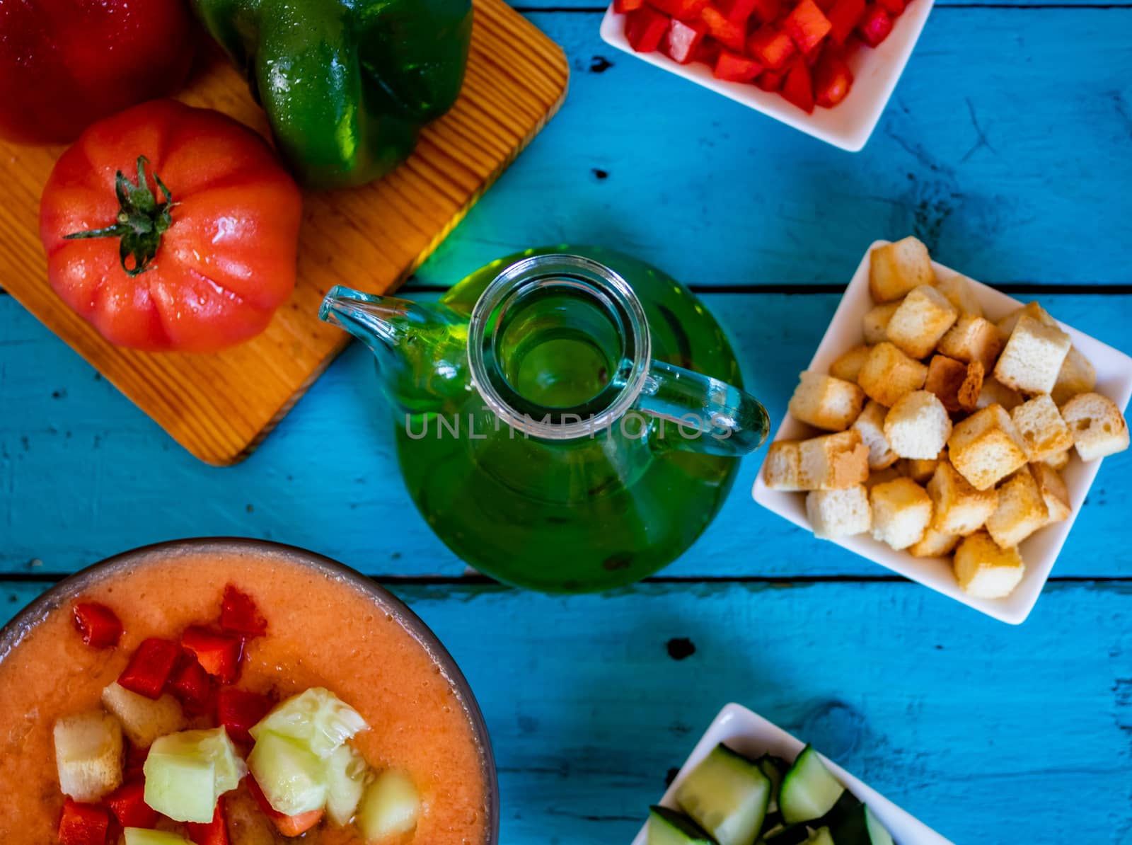 View of gazpacho, a typical Spanish meal with its ingredients in composition