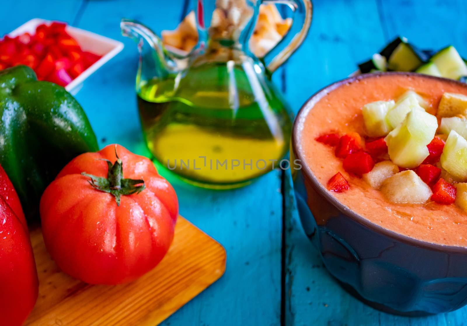 View of gazpacho, a typical Spanish meal with its ingredients in composition