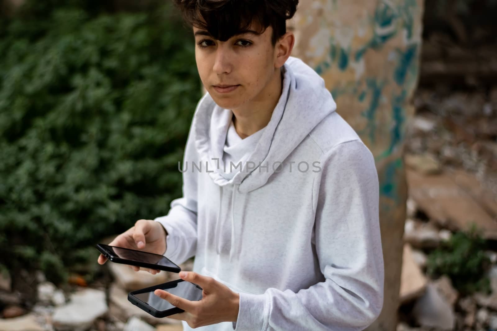 Young boy posing in abandoned house