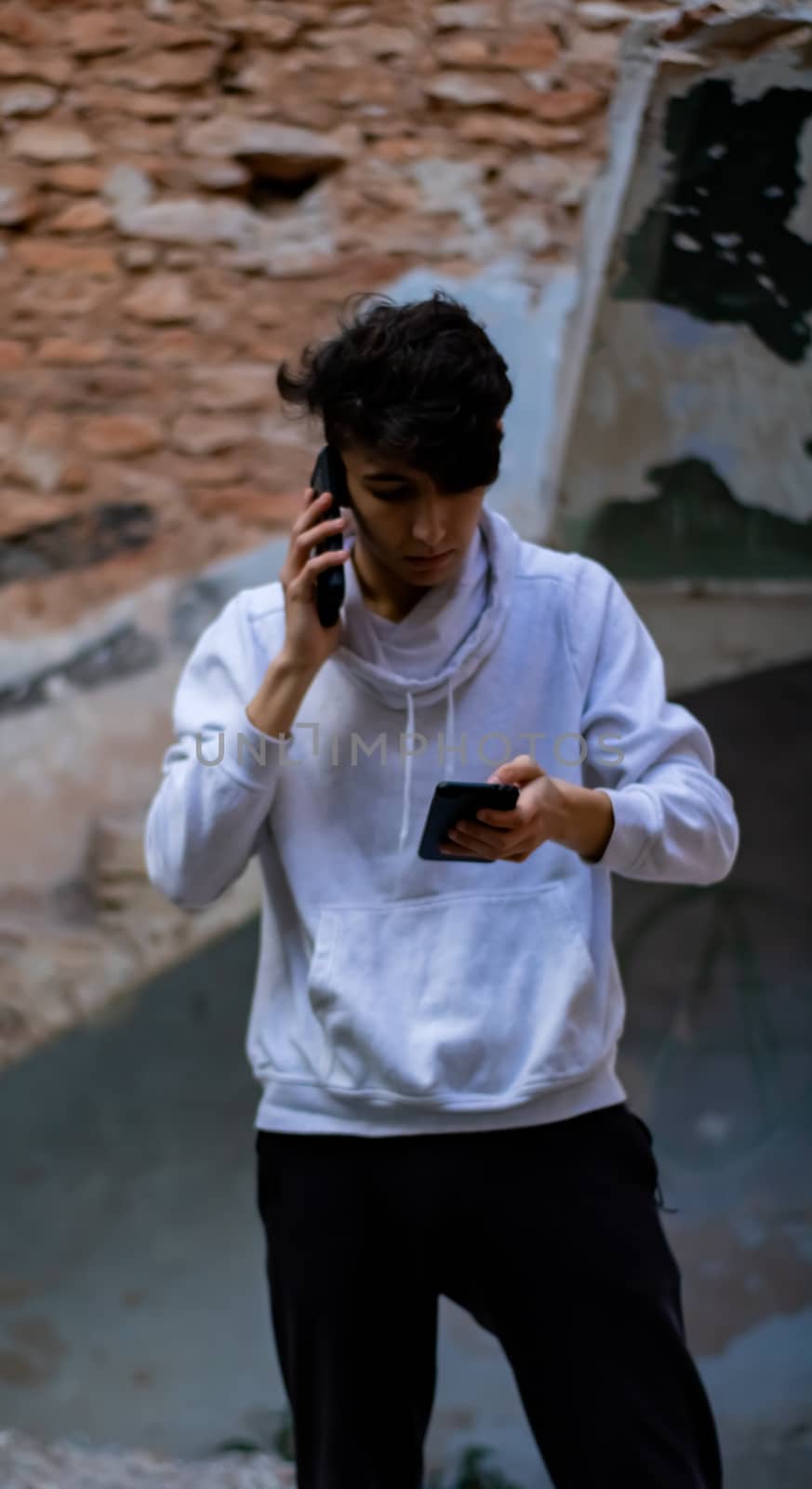 Young boy posing in abandoned house