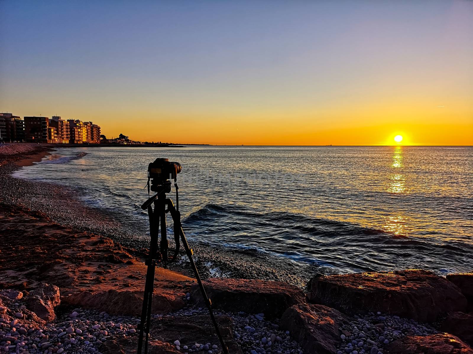 Nice sunrise on the Mediterranean Sea in the village of Burriana