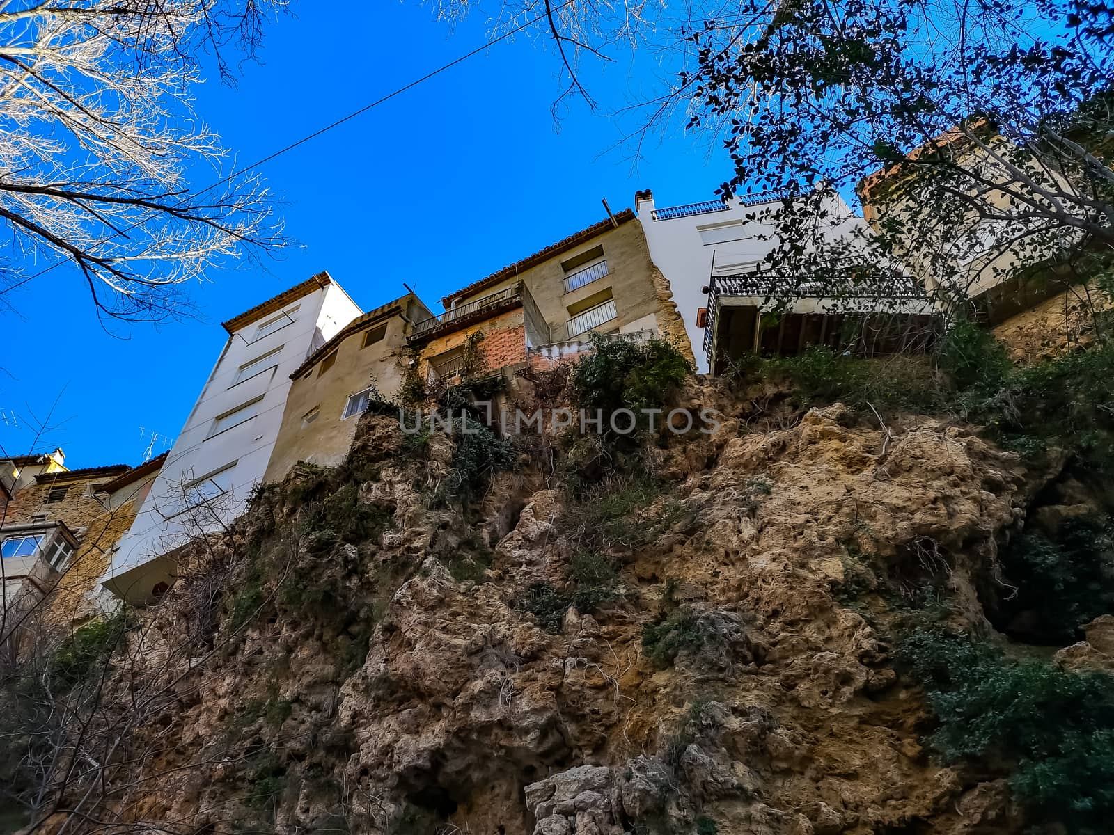 View from below of the hanging houses of Viver