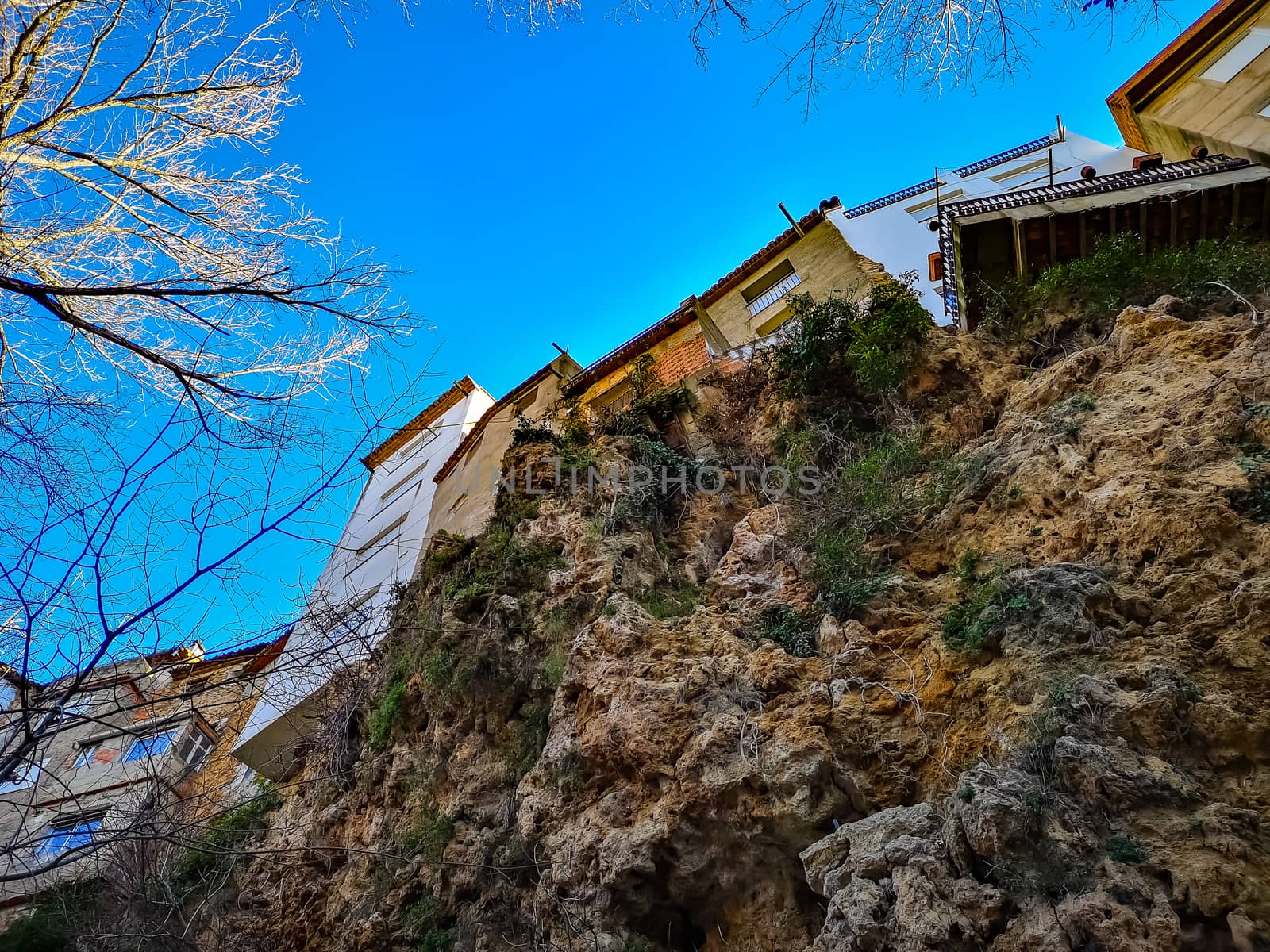 View from below of the hanging houses of Viver