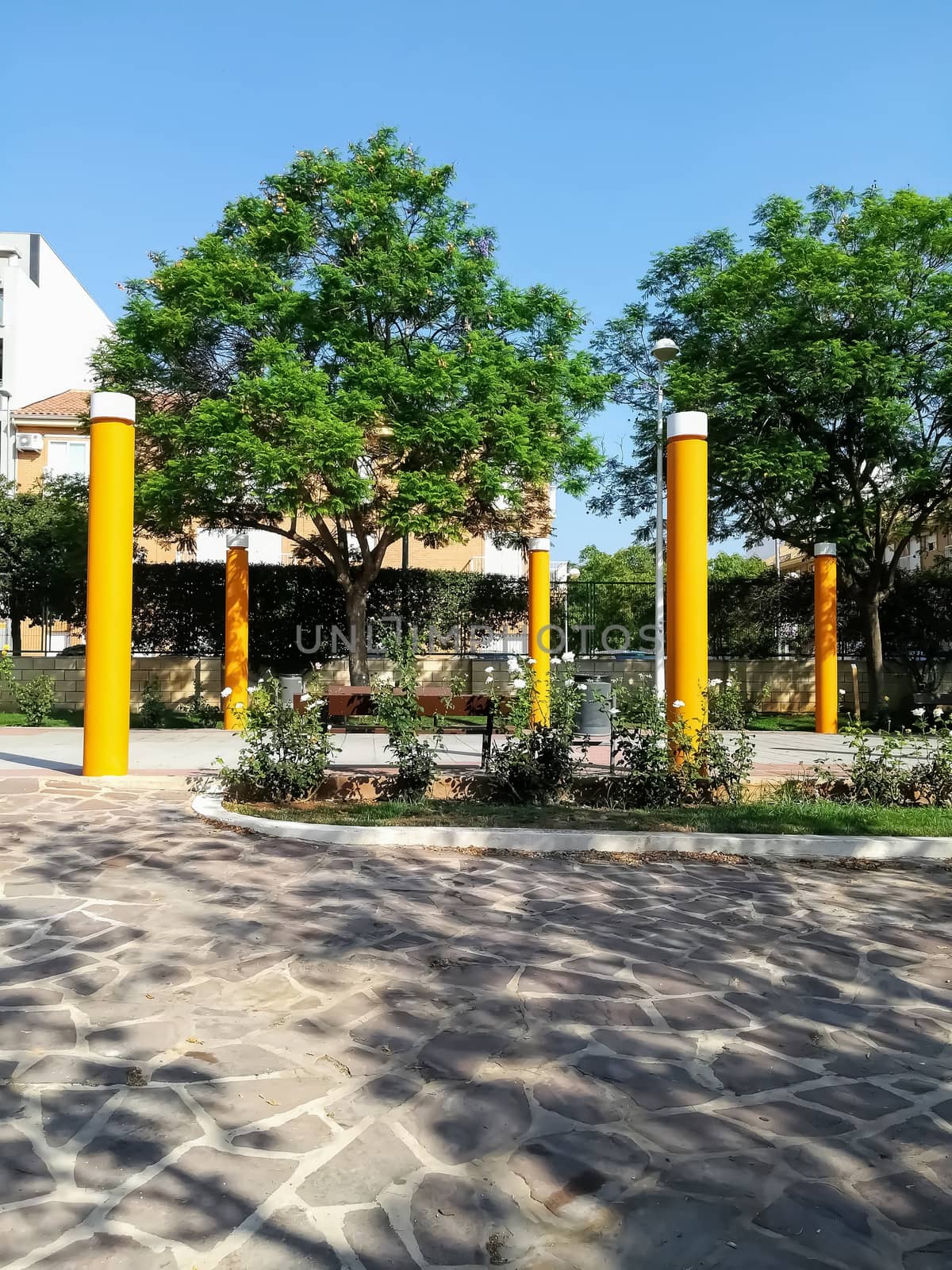 Park with yellow columns, trees in the background and with the stone floor