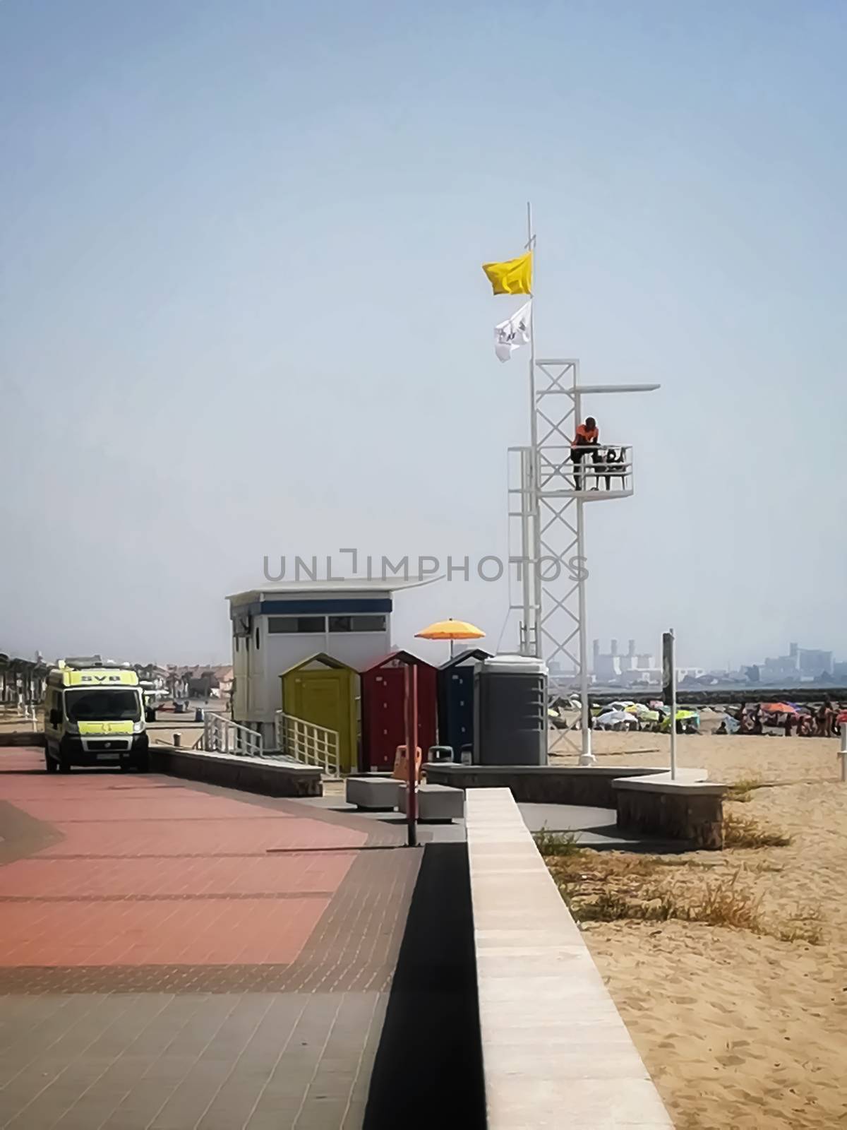 Puzol, Spain 07/15/18: Lifeguard guarding the beach from the watchtower