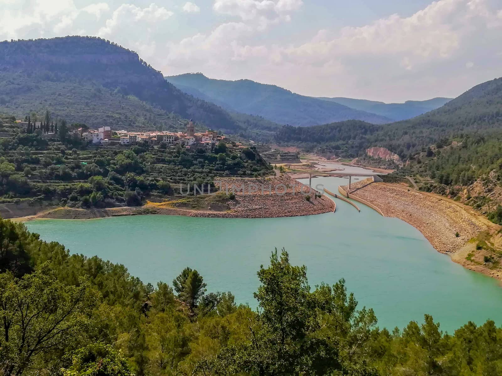 View of Puebla reservoir with mountains in the background and a pine forest