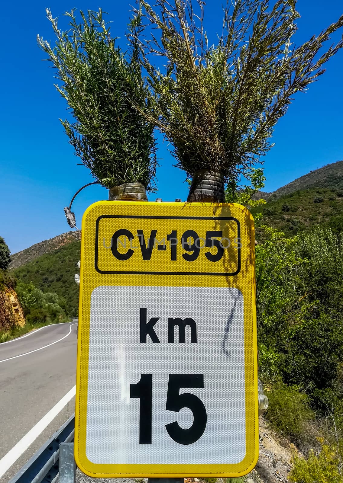 Yellow and white km indication sign decorated with two bushes on a mountain road