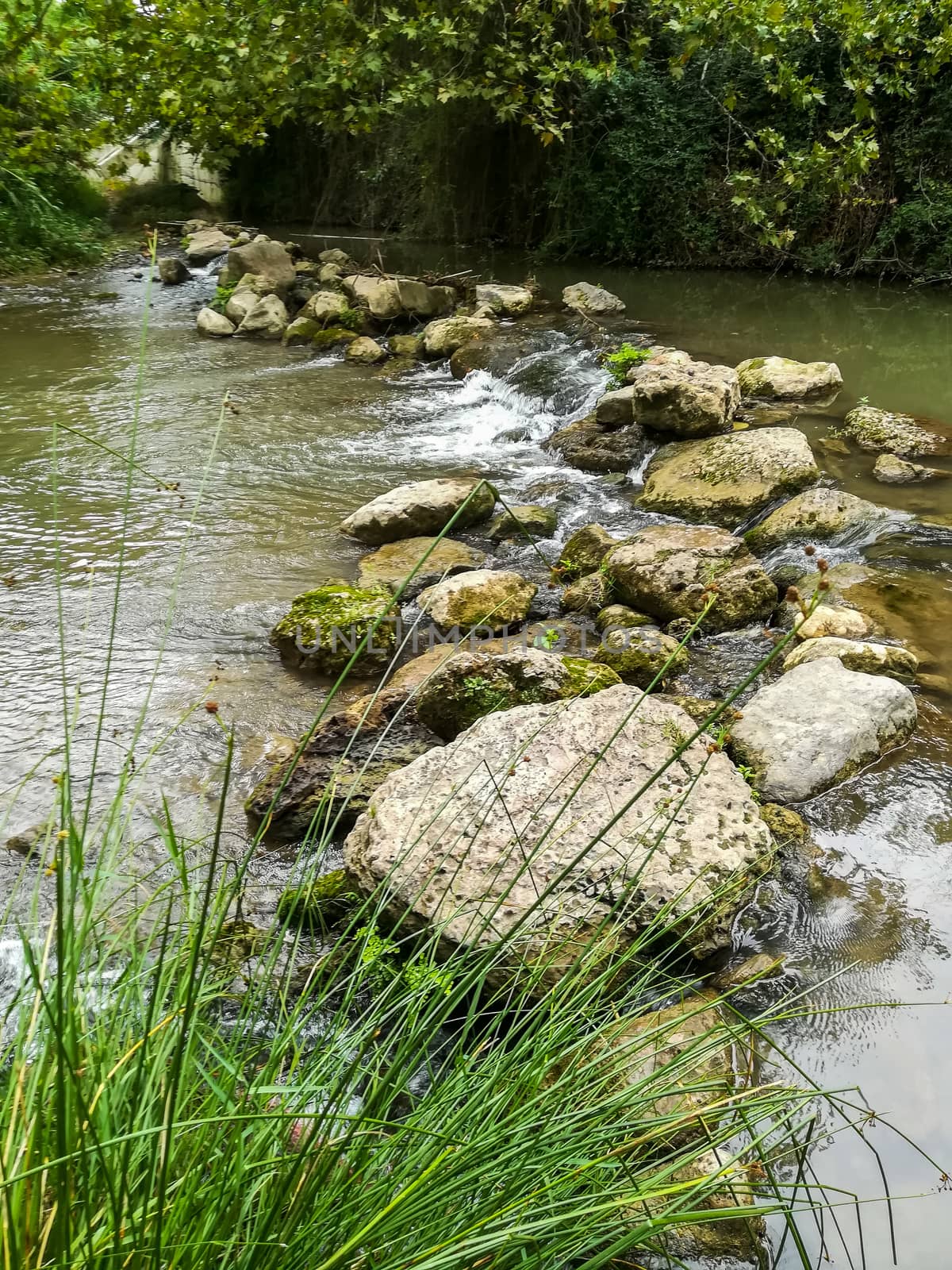 Rocks forming a small dam in the Palancia river as it passes through Segorbe