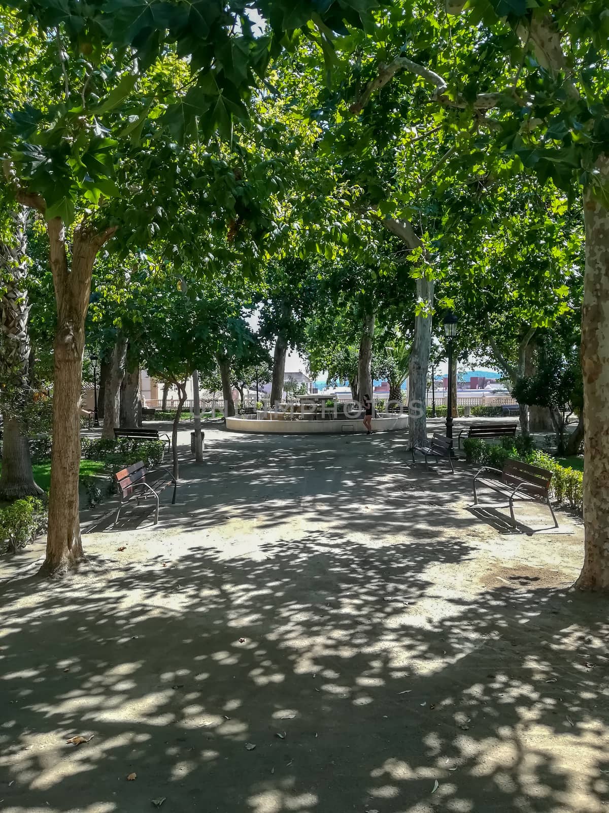 View of a park in Segorbe with a fountain in the background