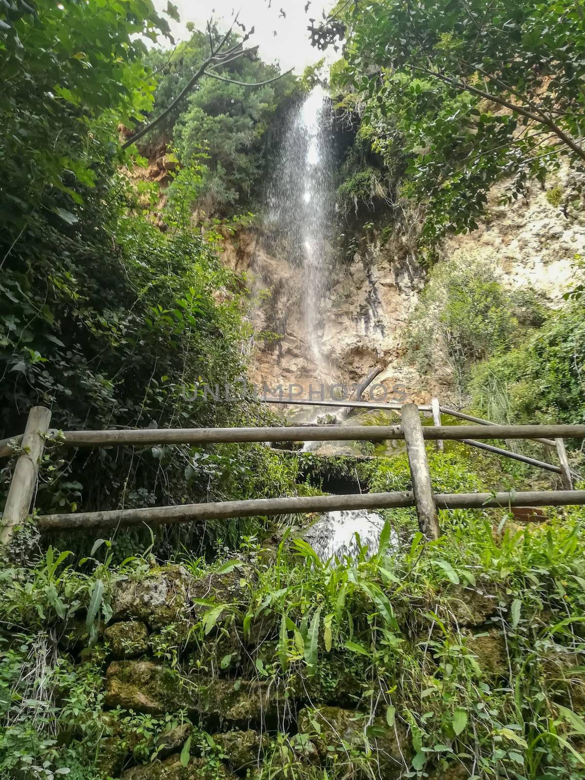 View of a waterfall in Navajas with wooden walkways
