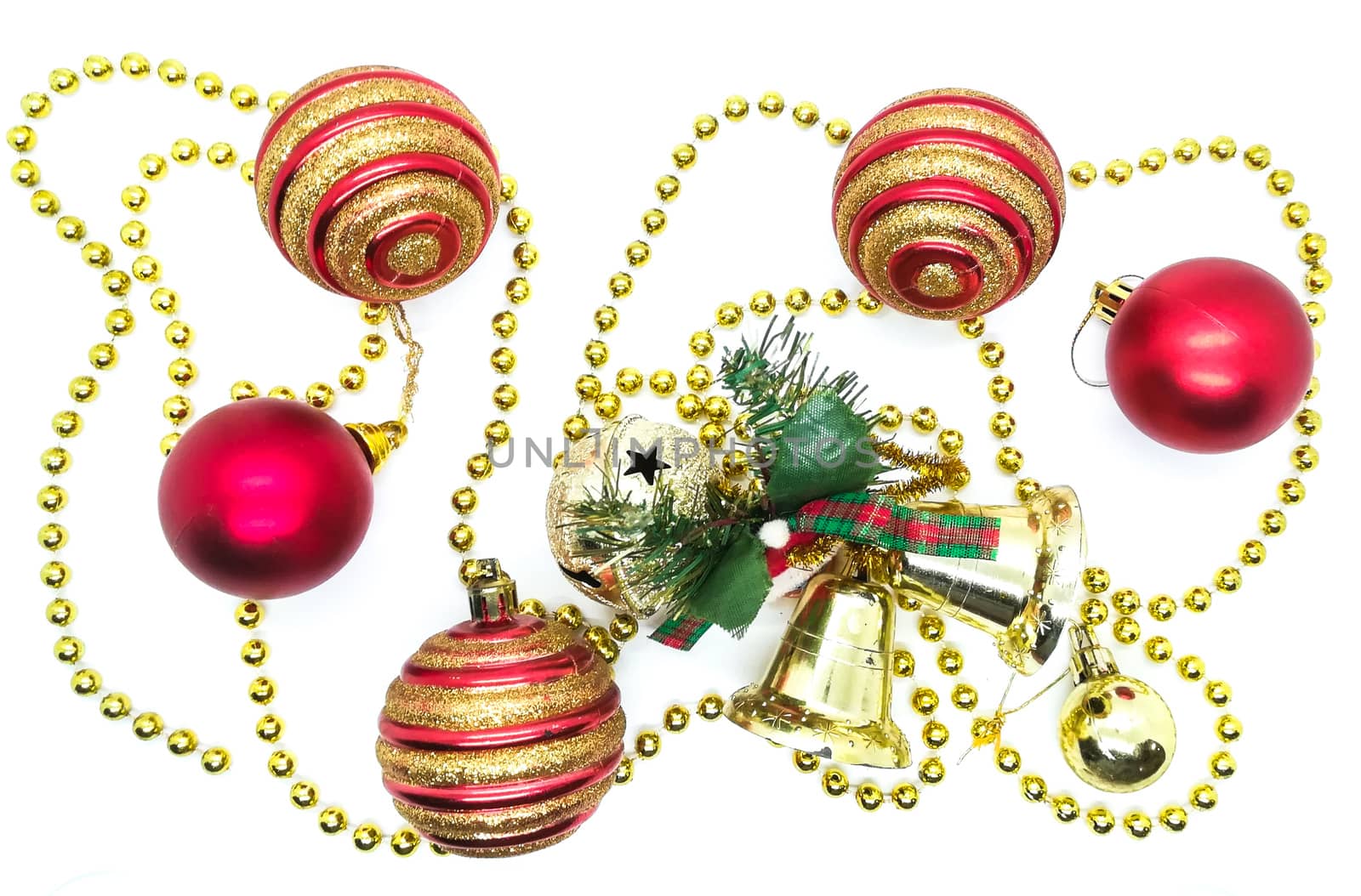 Bright Christmas ornaments in composition on white background