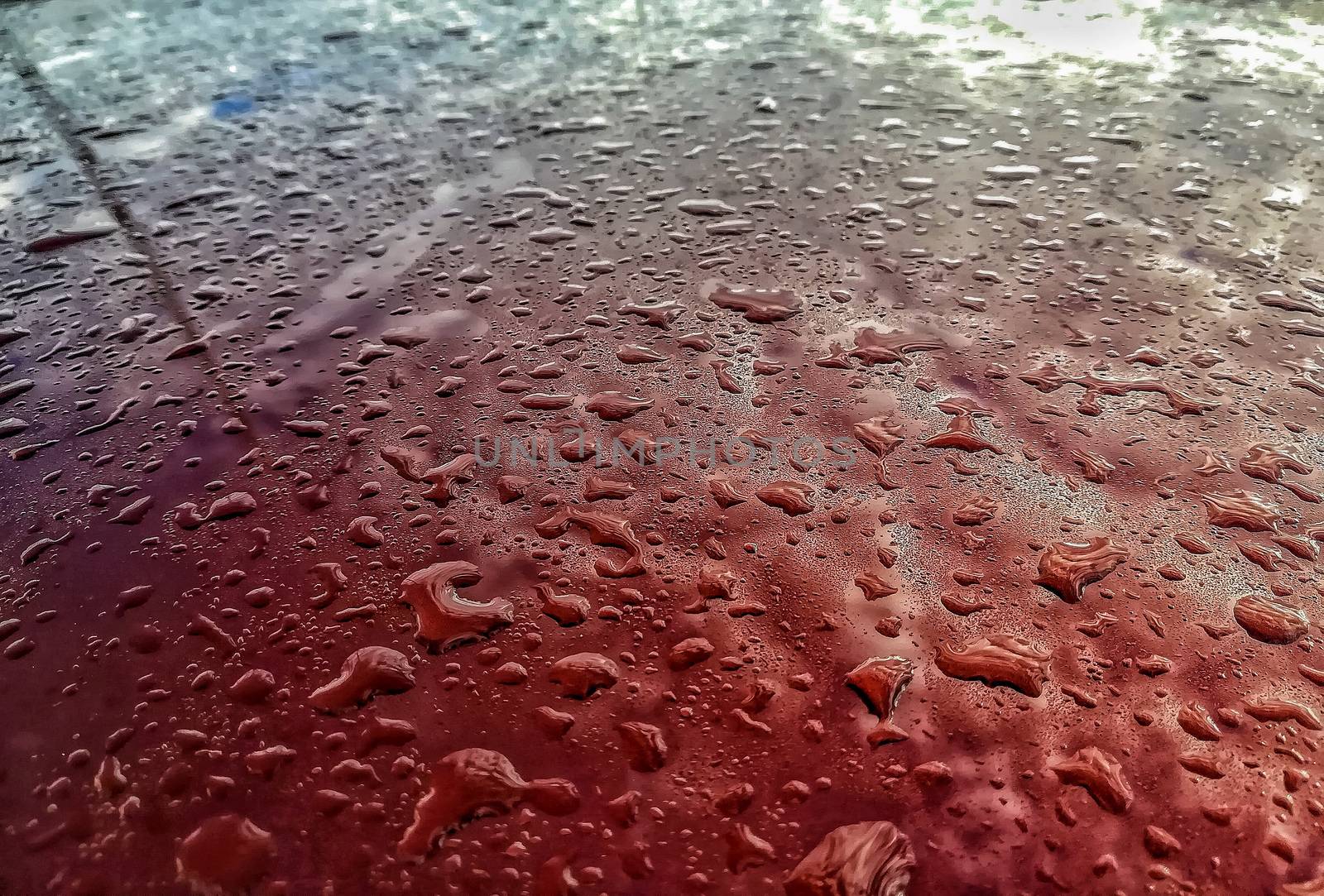 Red metallic background with dew drops of water