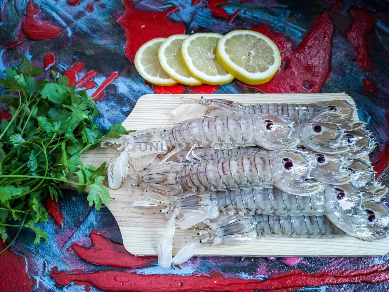 Seafood in composition on colorful and rough background