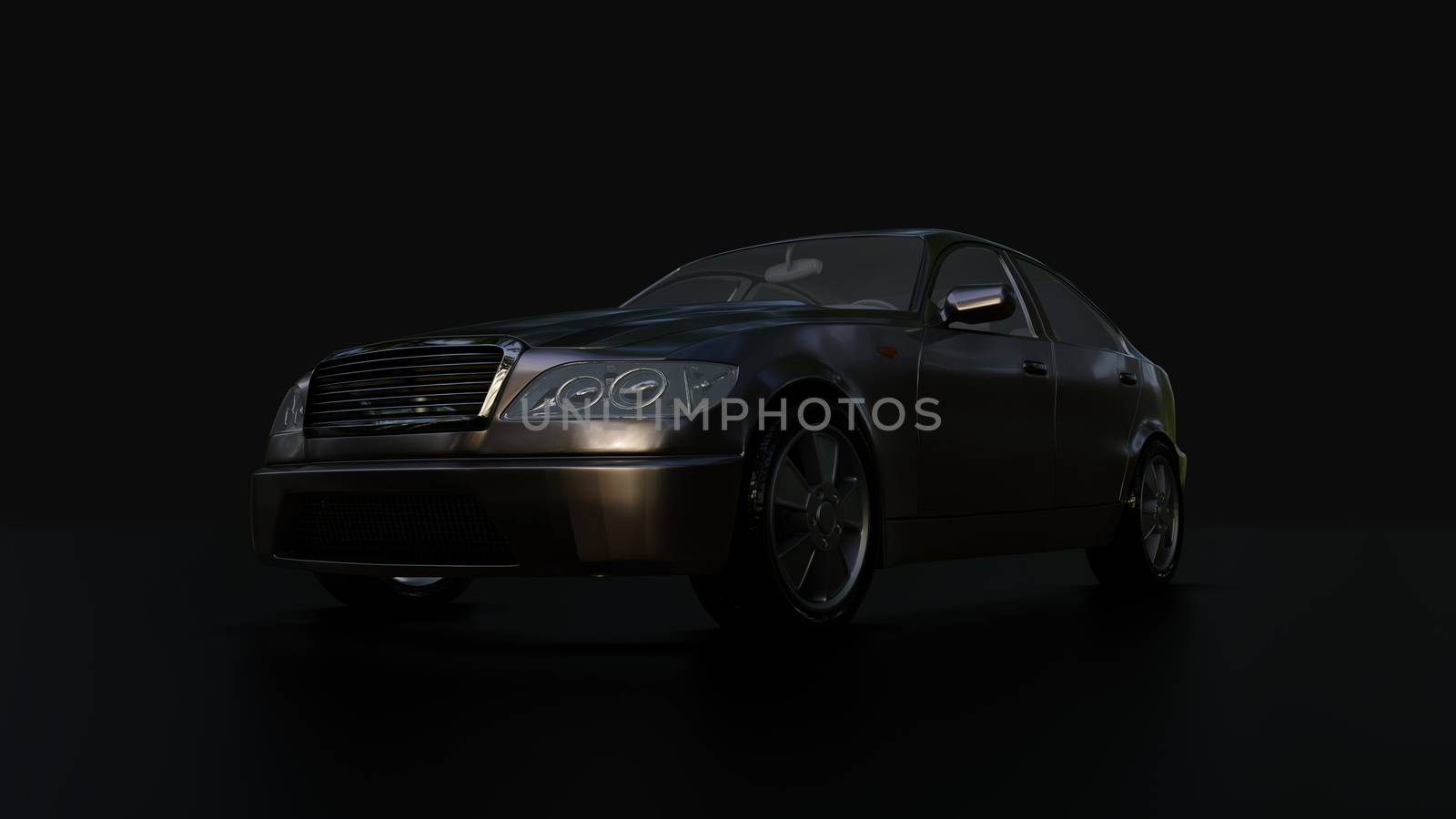 Modern sedan car on the dark background. 3d illustration