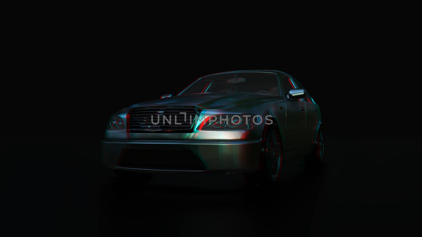 Modern sedan car on the dark background. 3d illustration. 3d anaglyph effect