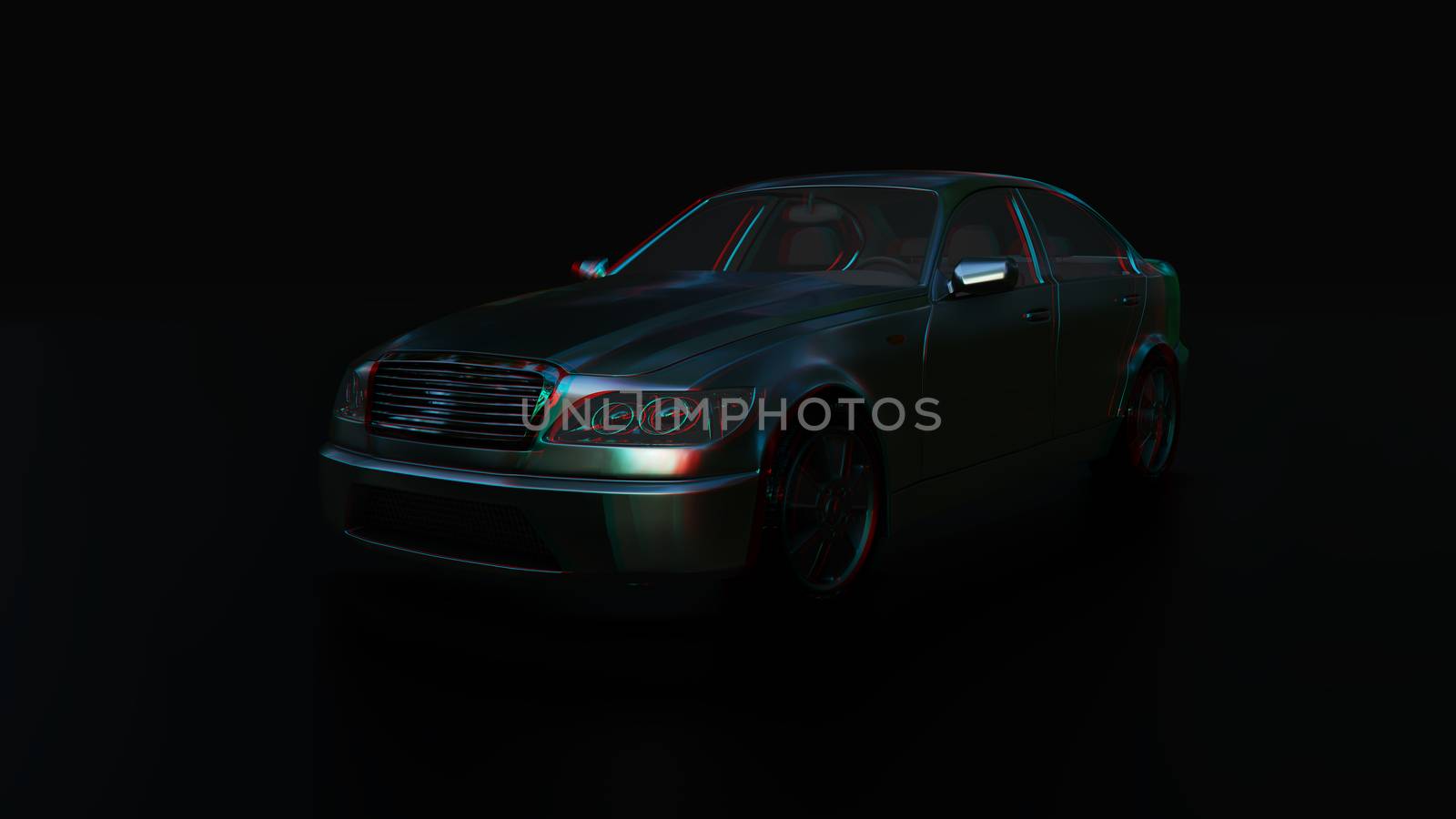 Modern sedan car on the dark background. 3d illustration. 3d anaglyph effect