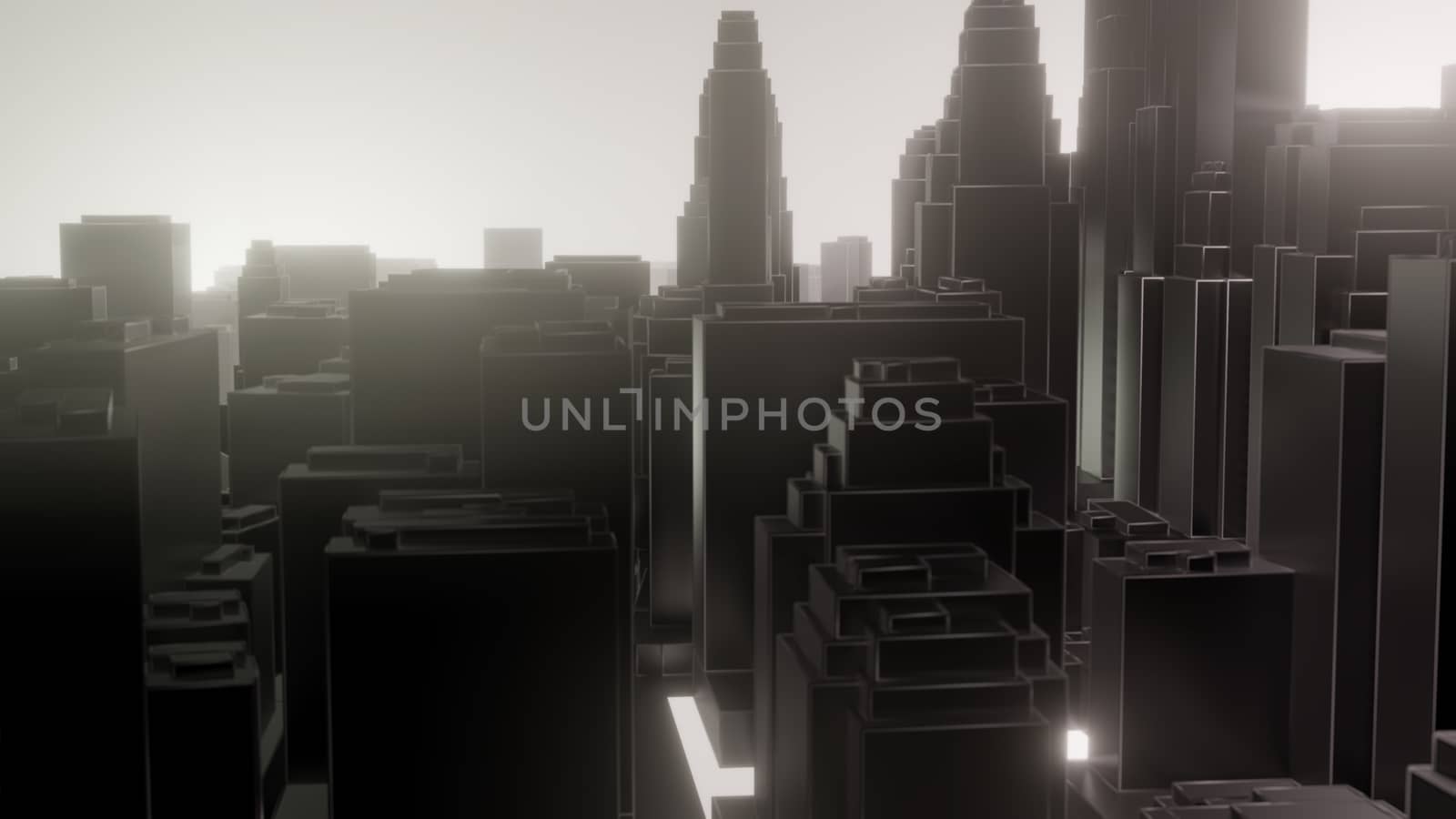 City in fog. Atmospheric emissions. 3D illustration. Concept of air pollution