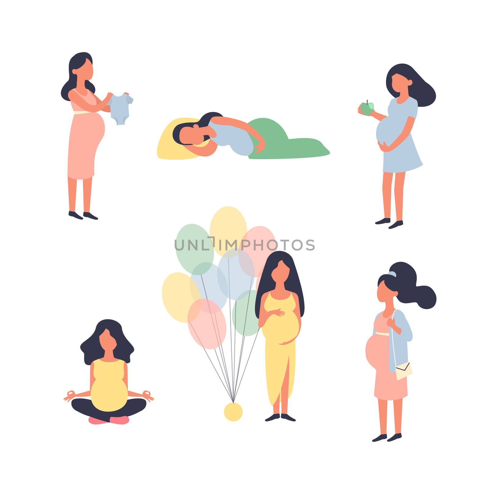 Pregnant woman. Pregnancy illustration set. Yoga, walk, sleep, baby shower and other situations. Character design.
