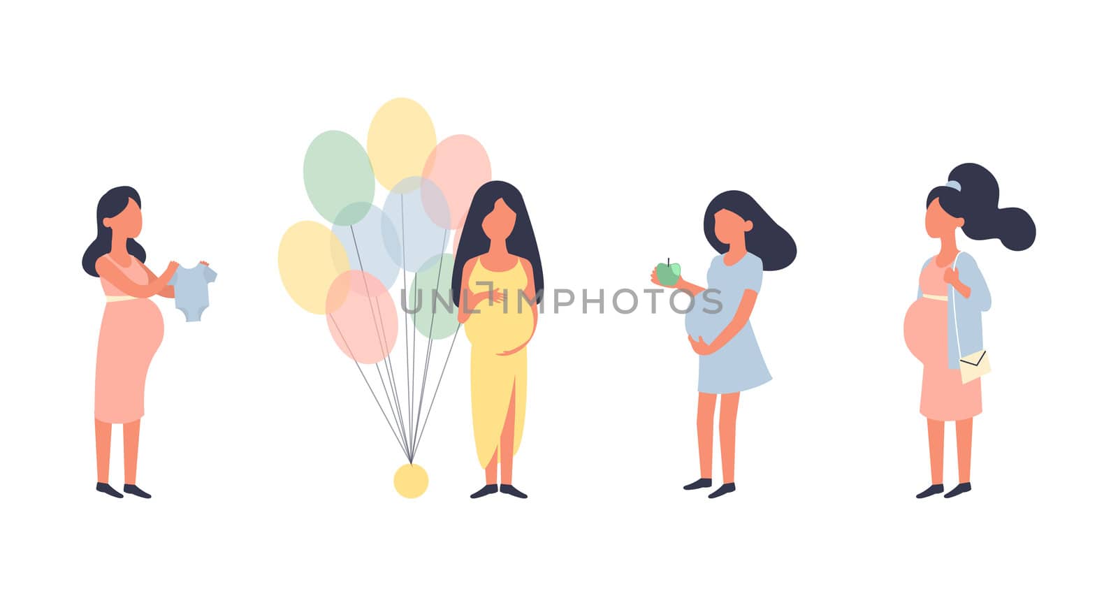 Pregnant woman. Pregnancy illustration set. Walking, healthy nutrition during pregnancy, purchase, baby shower and other situations. Character design. Healthy lifestyle. Preparation for childbirth.
