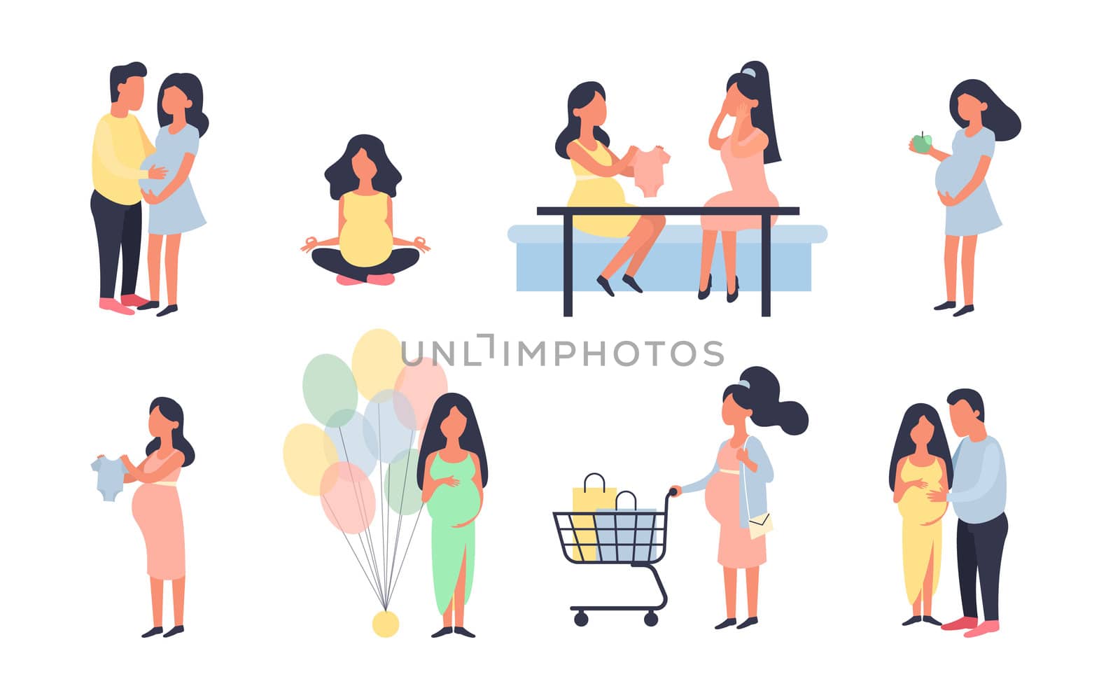 Pregnant woman. Pregnancy illustration set. Walking, healthy nutrition during pregnancy, purchase, baby shower and other situations. Character design. Daily activities, shopping.