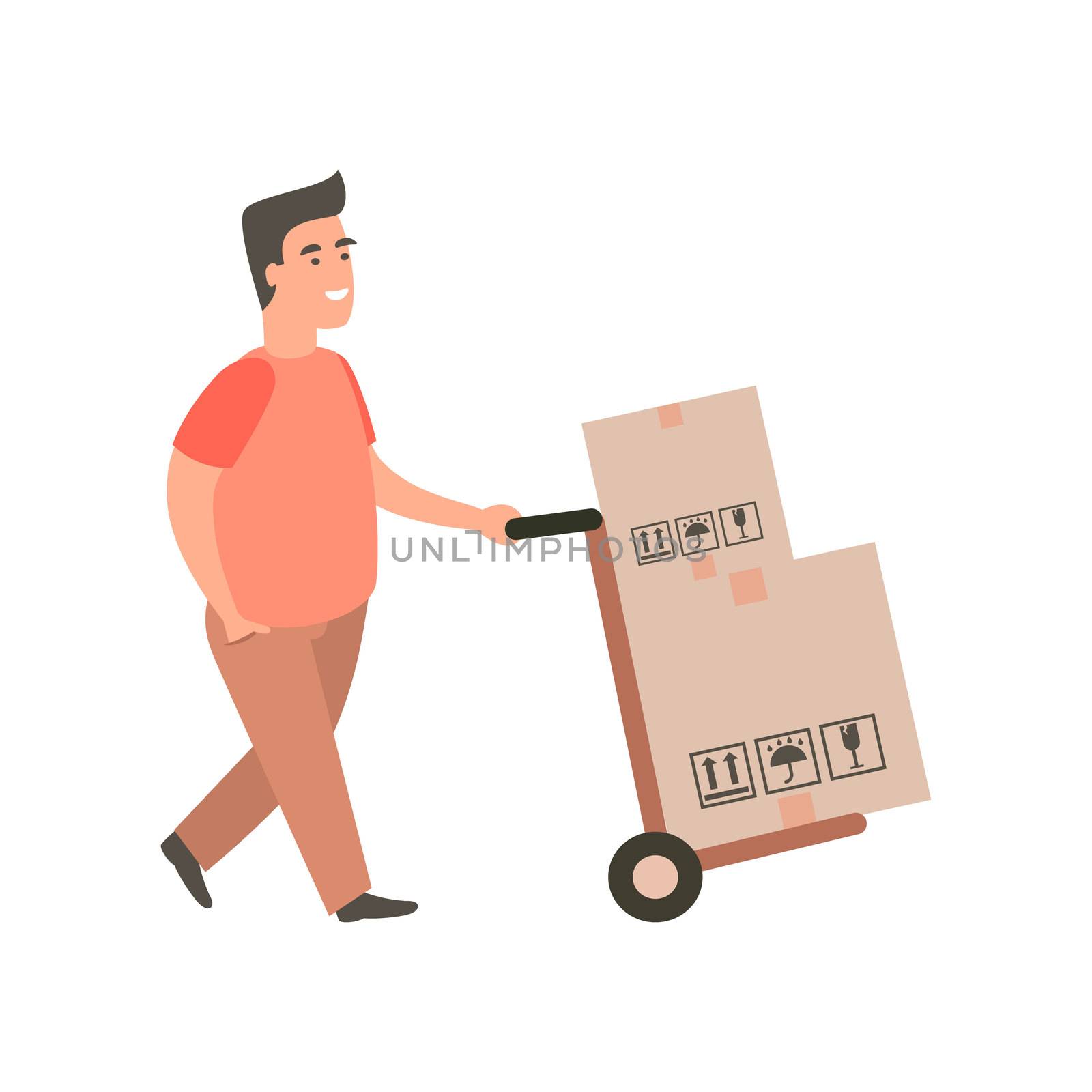 Delivery guy pushing a hand truck with purchases. by Elena_Garder