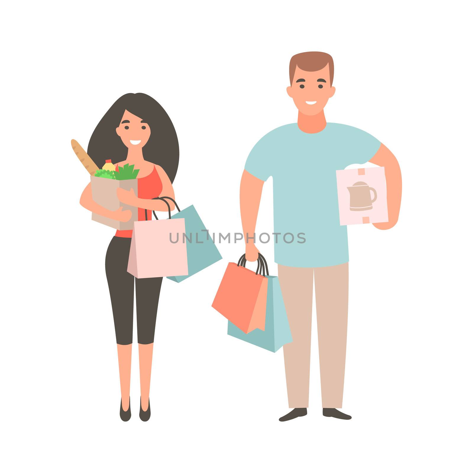 Happy couple with packages and boxes. People shopping concept. Flat character purchase for shopping lifestyle design. Family in the supermarket to shop.