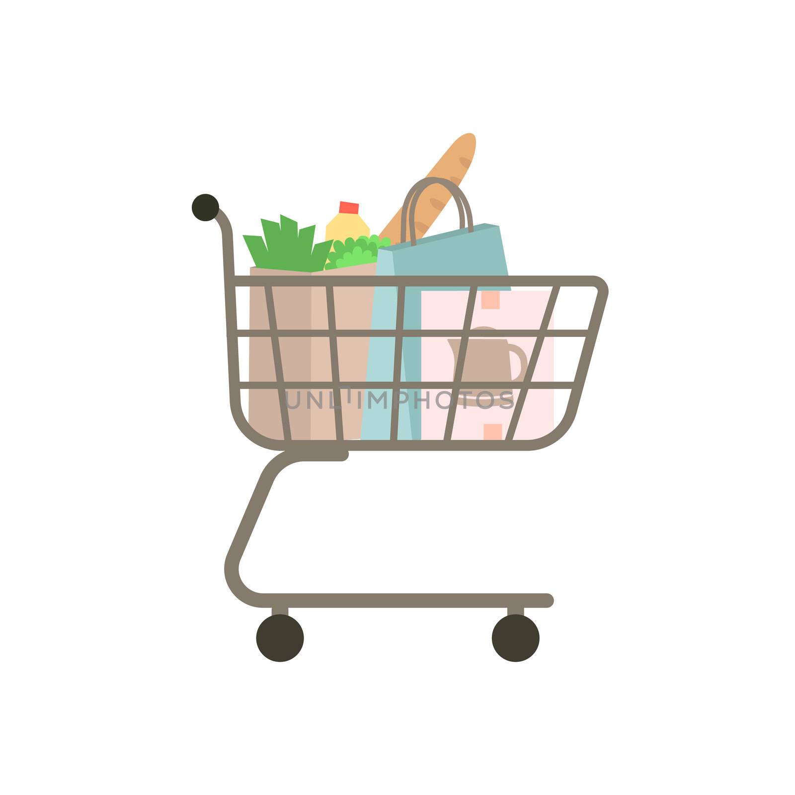 Self-service supermarket full shopping trolley cart with fresh grocery products and appliances. Shopping trolley full of bag and box.