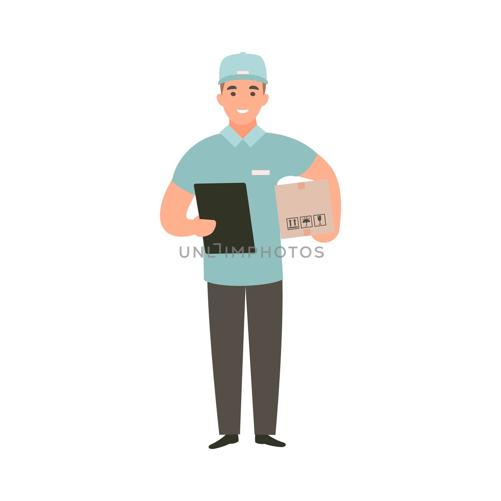 Delivery guy holding box with an order. Deliveryman brought purchases. Cartoon flat character design