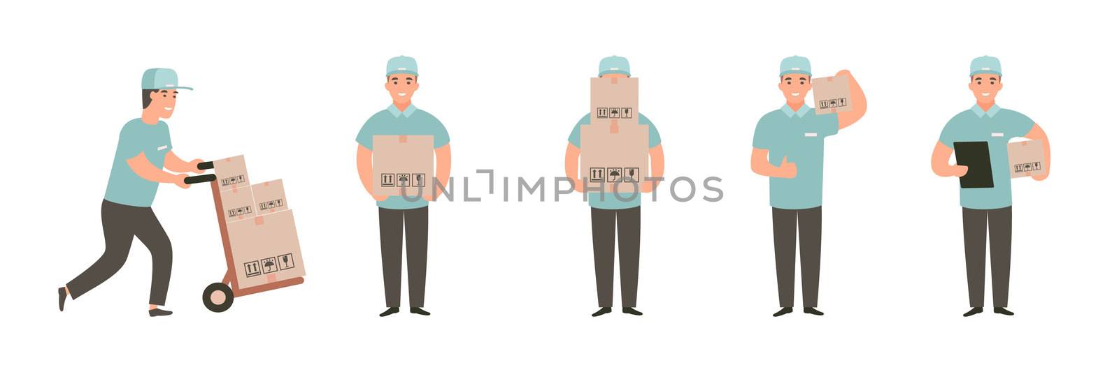 Man carries a cart with boxes. Delivery goods with dolly by hand. Delivery guy pushing a hand truck with purchases. Cartoon flat character design set