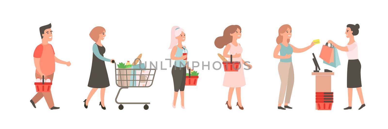People waiting in long queue. Shopping people in supermarket, daily grocery purchase. Female cashier gives purchase to customer. People with carts and baskets awaiting their turn.