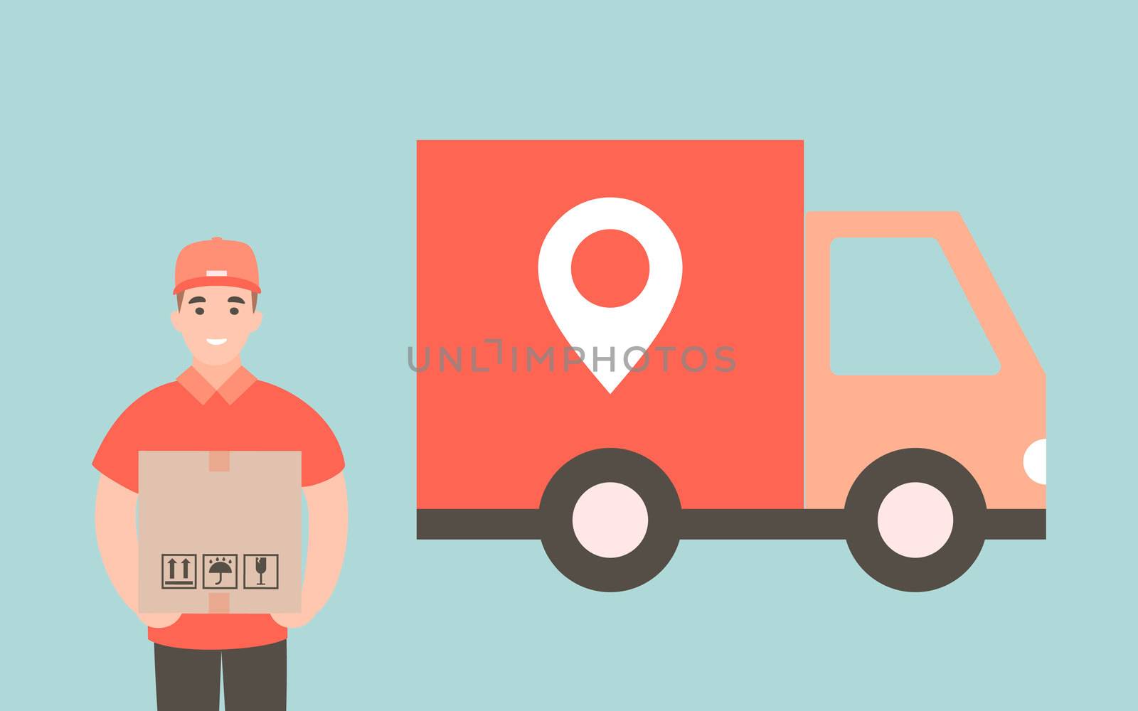 Courier provides free delivery of goods or postal parcels to the address. Man with cardboard boxes. illustration in flat style