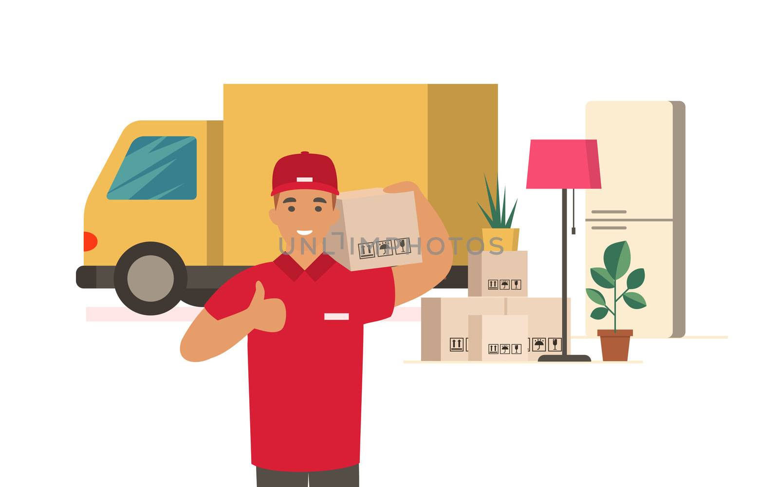 Moving House. Delivery man with cardboard boxes. Moving truck and cardboard boxes. Transport company flat concept
