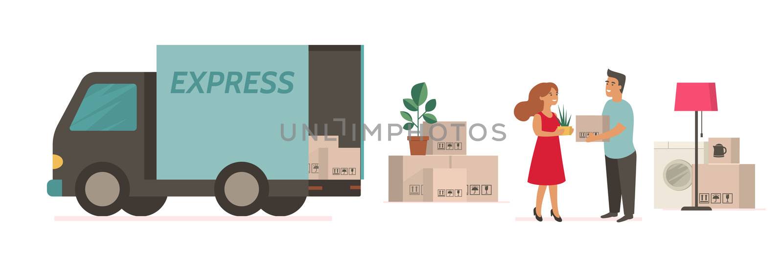 Family moving concept. Happy cartoon couple carries things out of the truck. Man holding box.