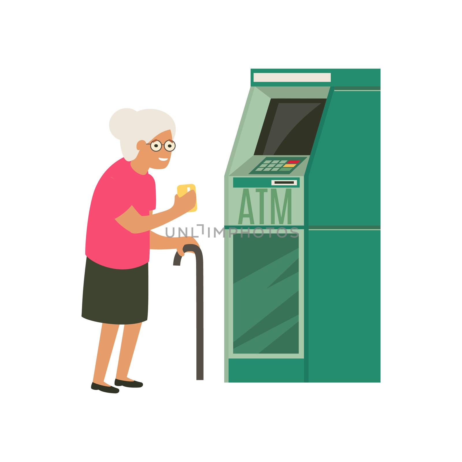 Old woman withdrawing money from credit card at ATM. Senior gets retired. Flat cartoon illustration isolated on white background.
