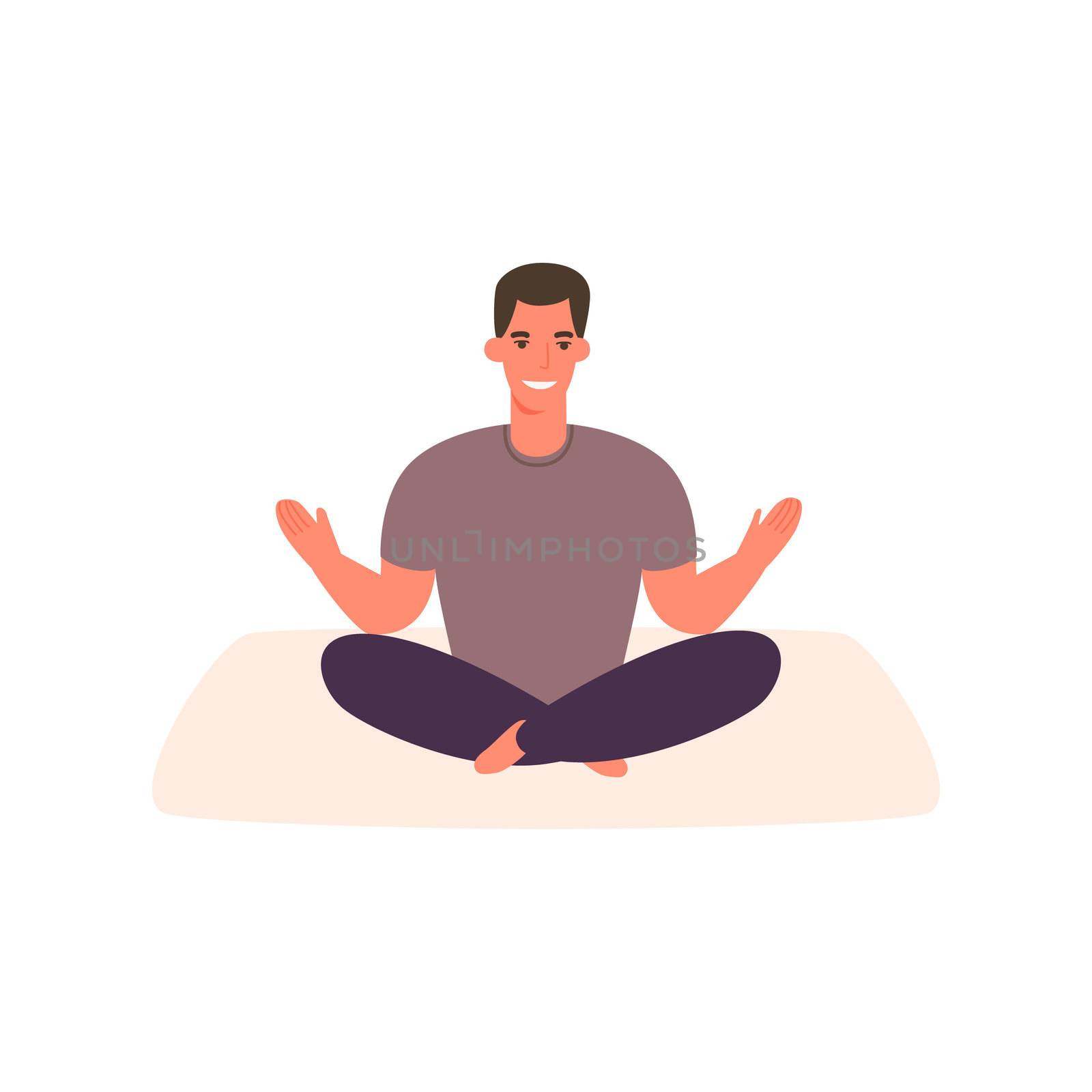 Man meditate in lotus pose. Cartoon happy guy practicing yoga lesson. Young people doing yoga asana. Young sportsman wearing sport clothes in relaxed pose.