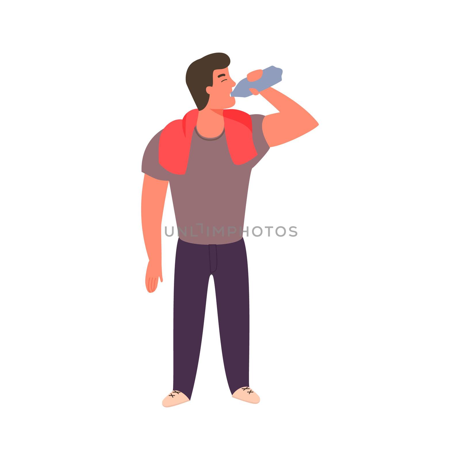 Athletic young man is drinking water from a bottle. Fitness and healthy lifestyle concept. Guy quenches thirst after exercise. Person takes sip of mineral water.