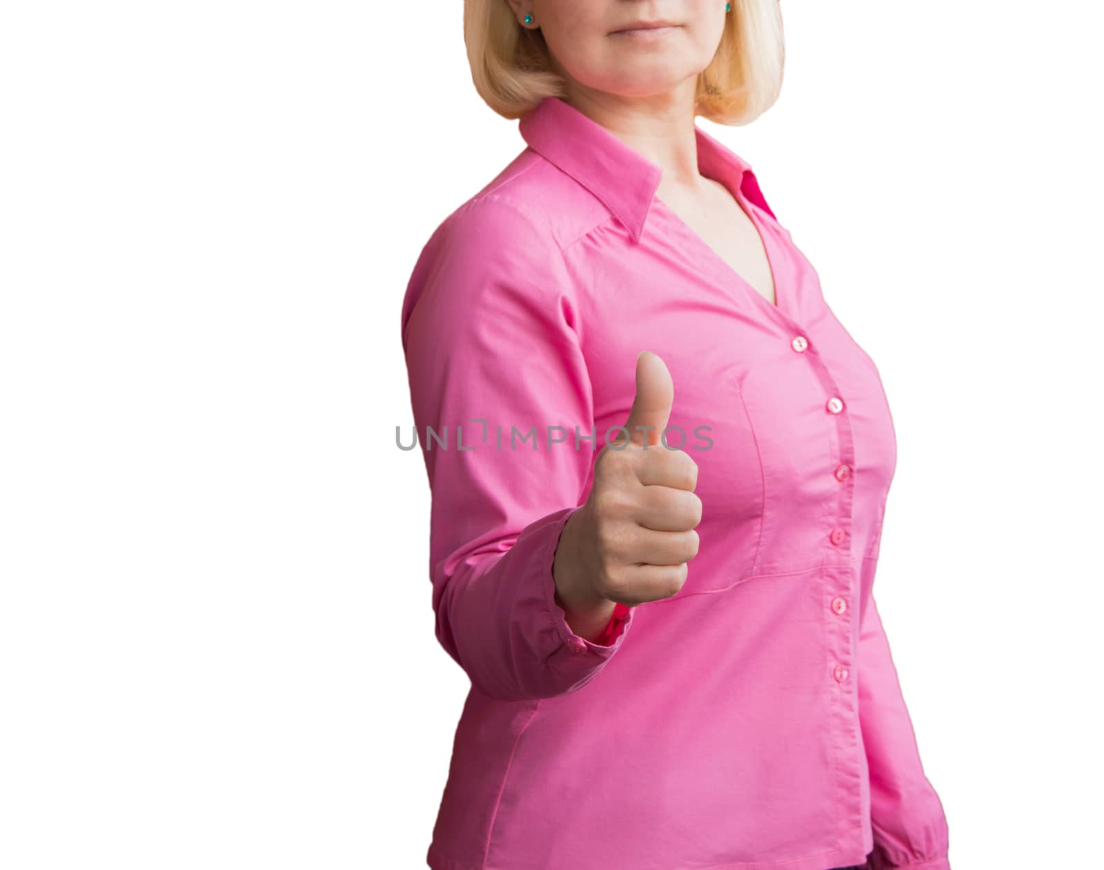 Successful blonde business woman showing thumbs up sign isolated closeup.