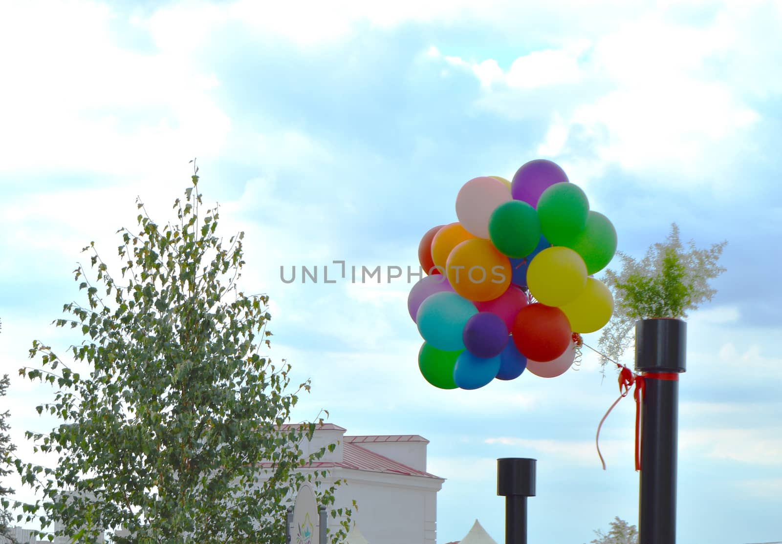 Colorful balloons on sky background in summer city Park.